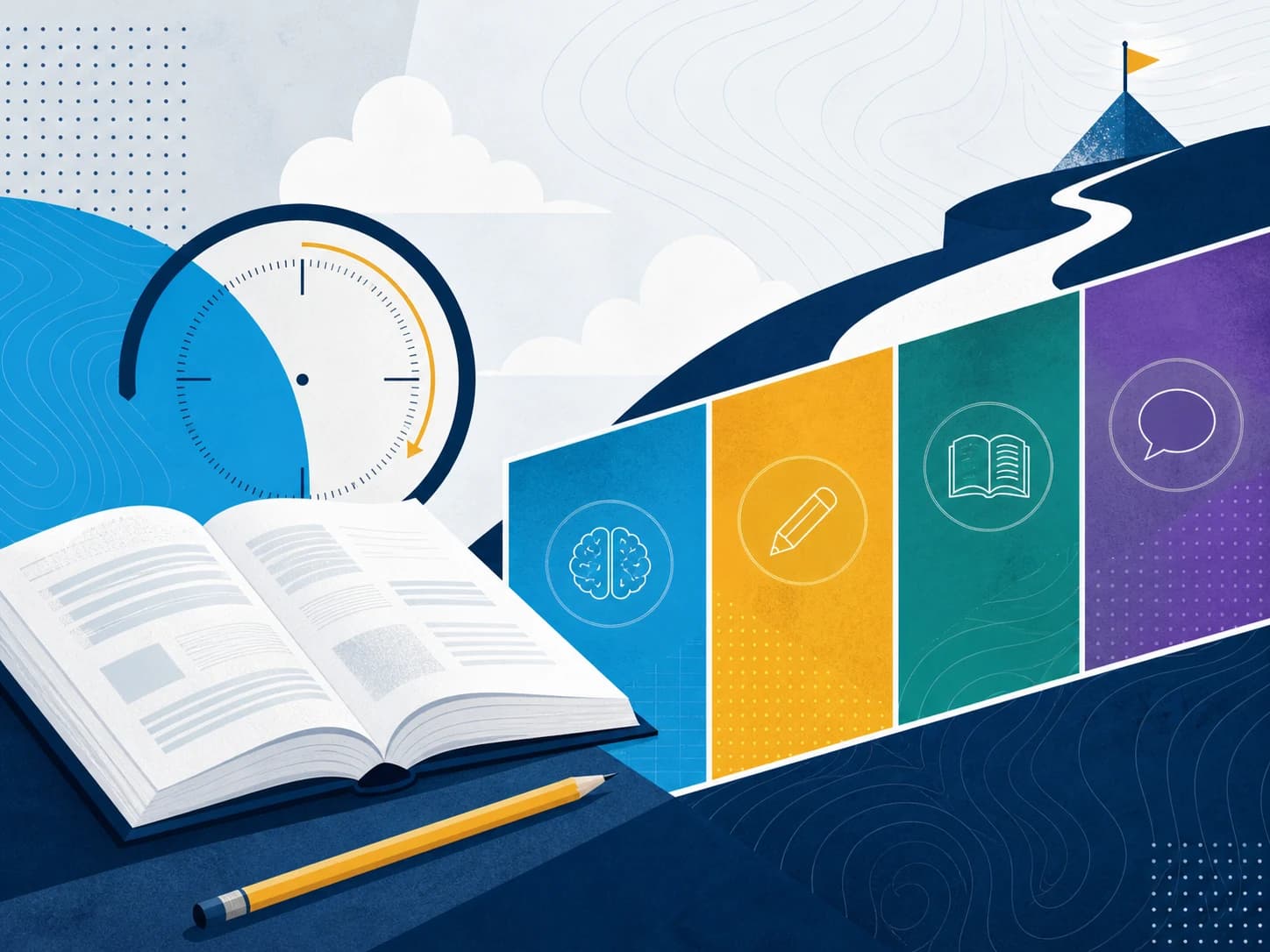 Illustration of an open study guide, a clock, and a path toward a goal