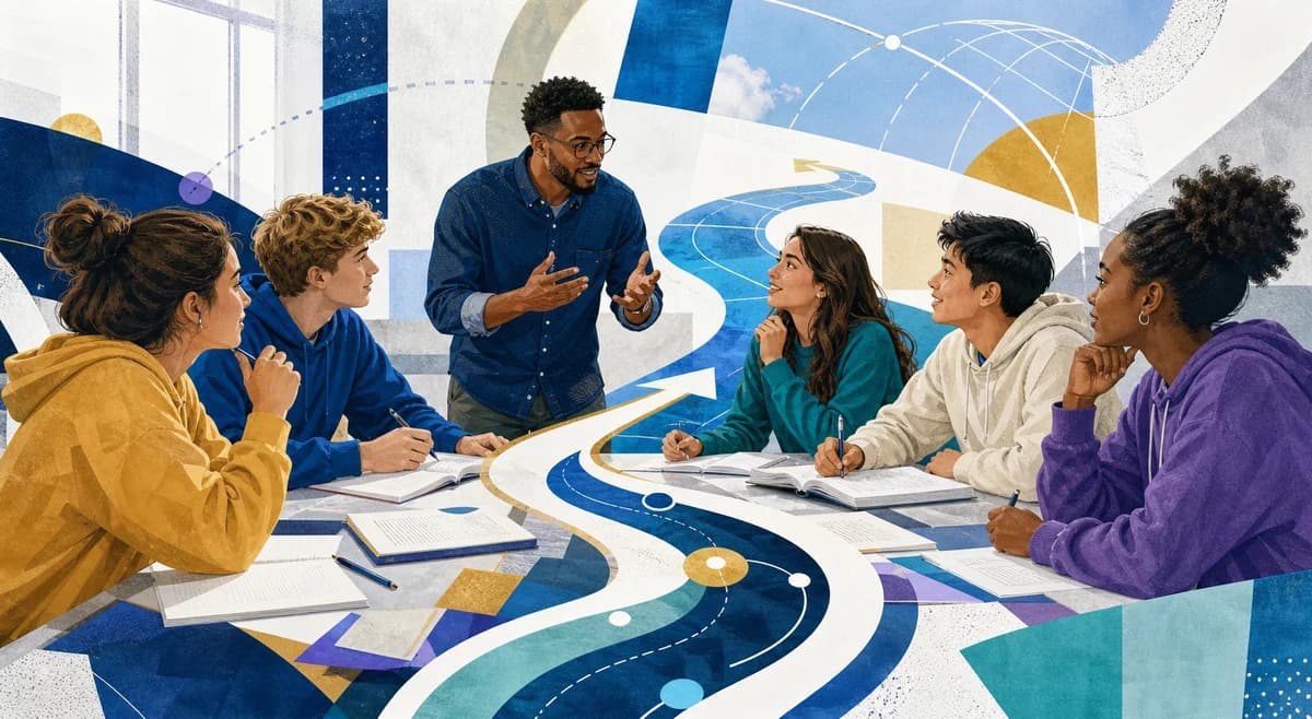 Editorial illustration of an instructor and students working together with their materials