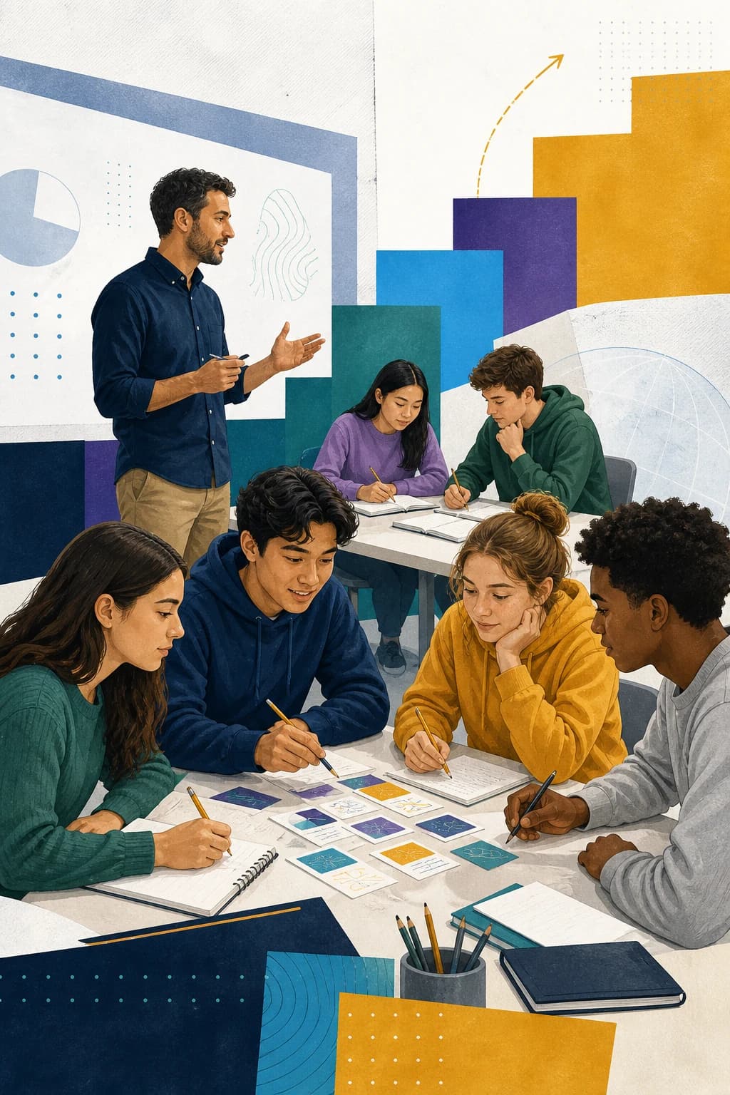 Conceptual editorial illustration of a presenter guiding a student workshop with focused practice.
