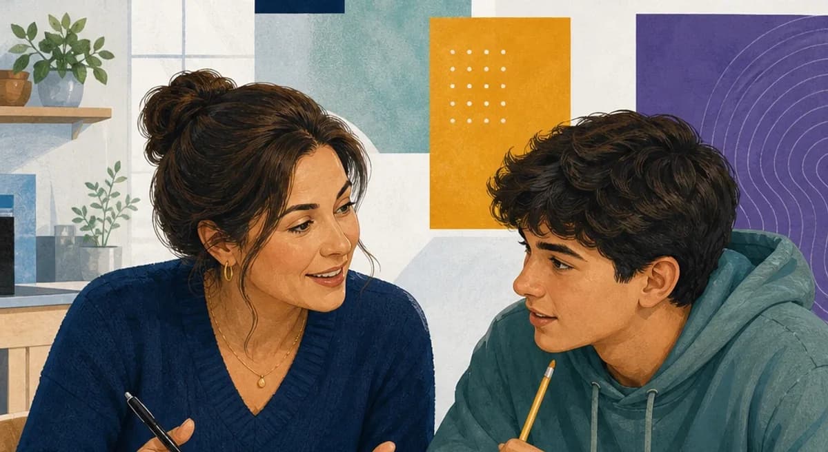 Editorial illustration of a parent and student talking together at a preparation table.