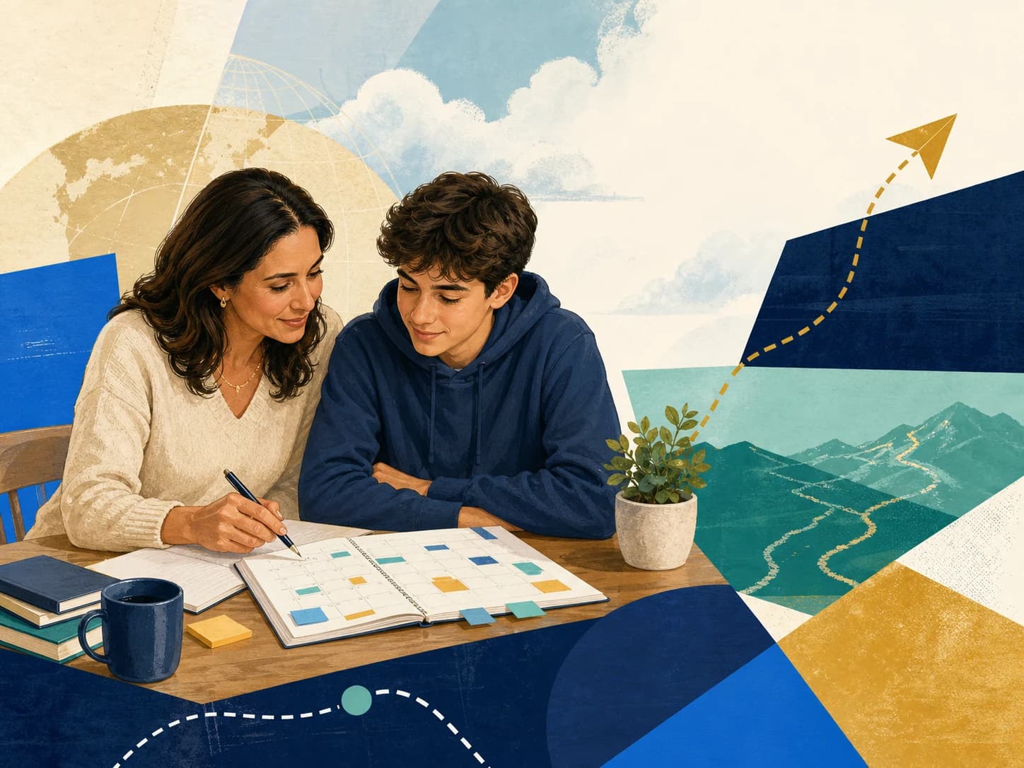 Editorial illustration of a parent and student reviewing a focused preparation plan and calendar together.