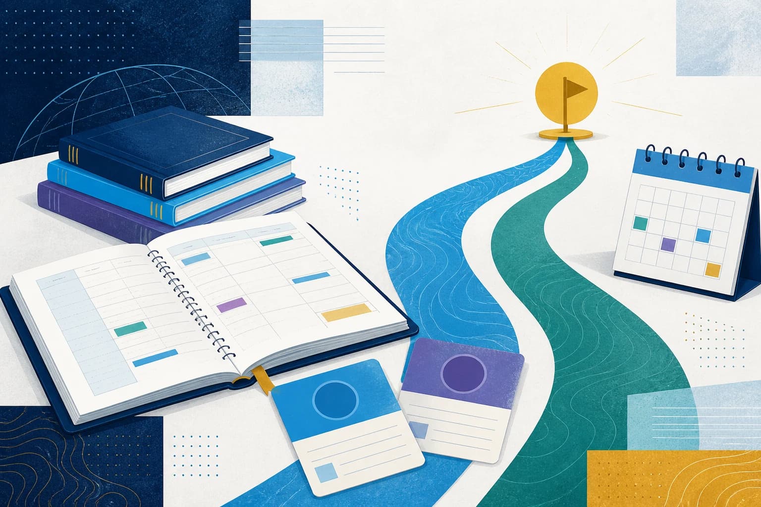 Editorial illustration of a student preparing for college with books, a calendar, and a path forward.