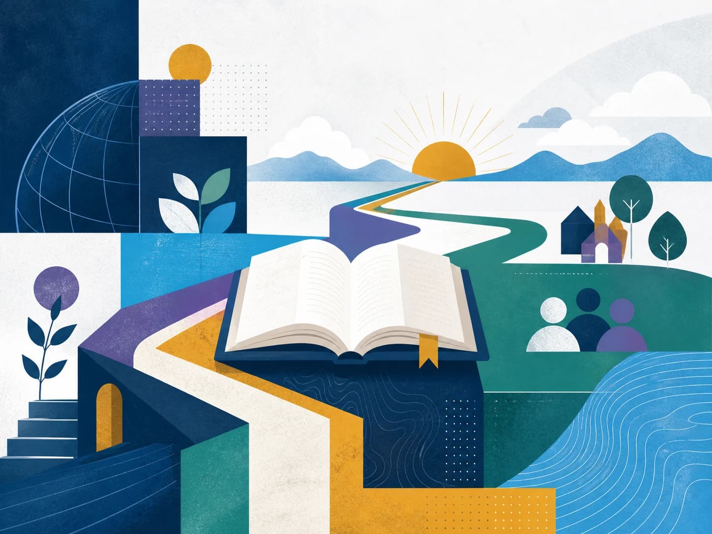Editorial illustration of an open book connecting paths, schools, and communities