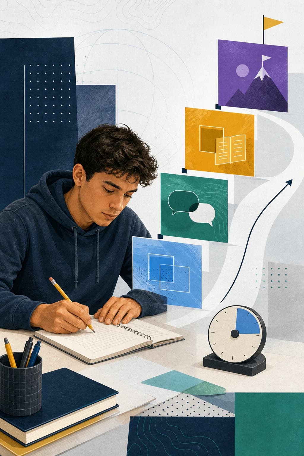 Conceptual editorial illustration of a student working through ACT preparation materials.