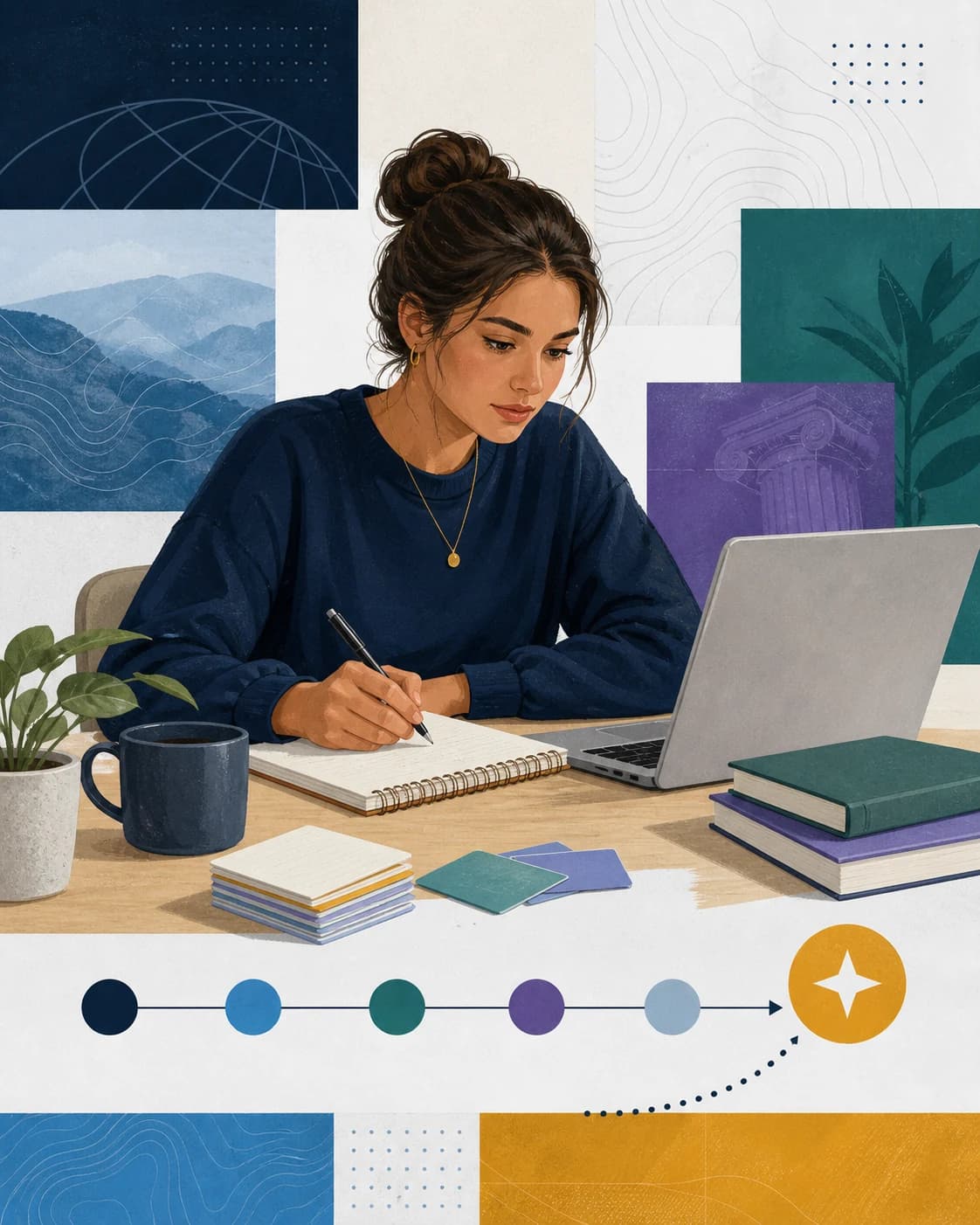 Layered editorial illustration of a student using a laptop, notes, and study tools while building progress over time.