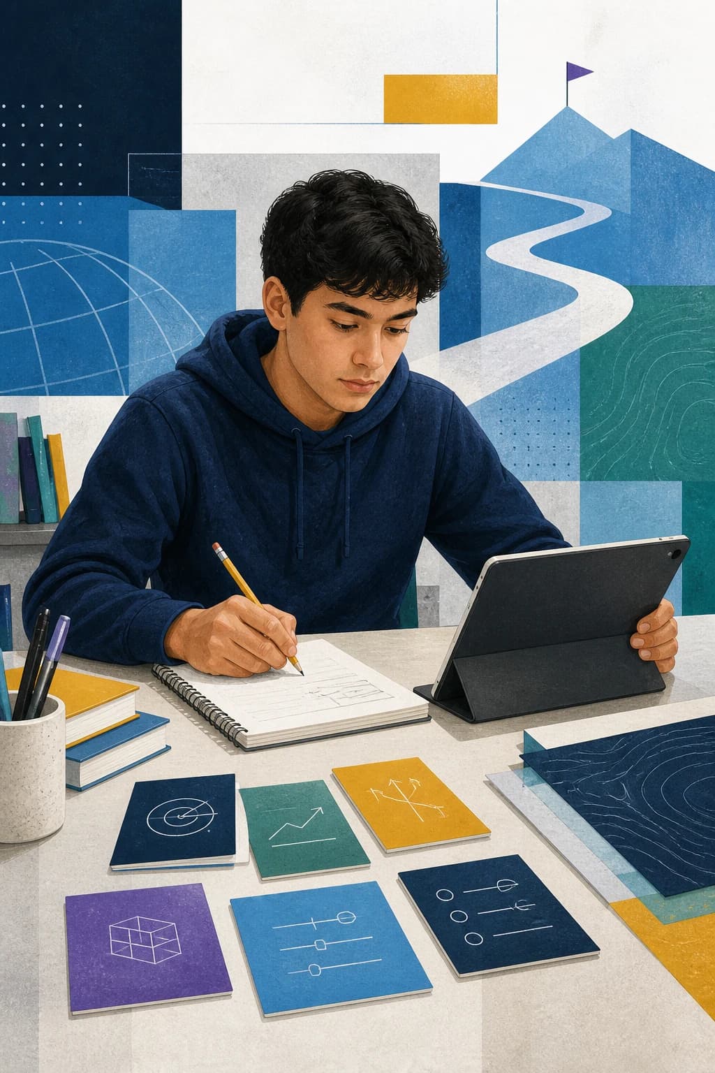 Conceptual editorial illustration of a student preparing for SAT study with focused practice materials.