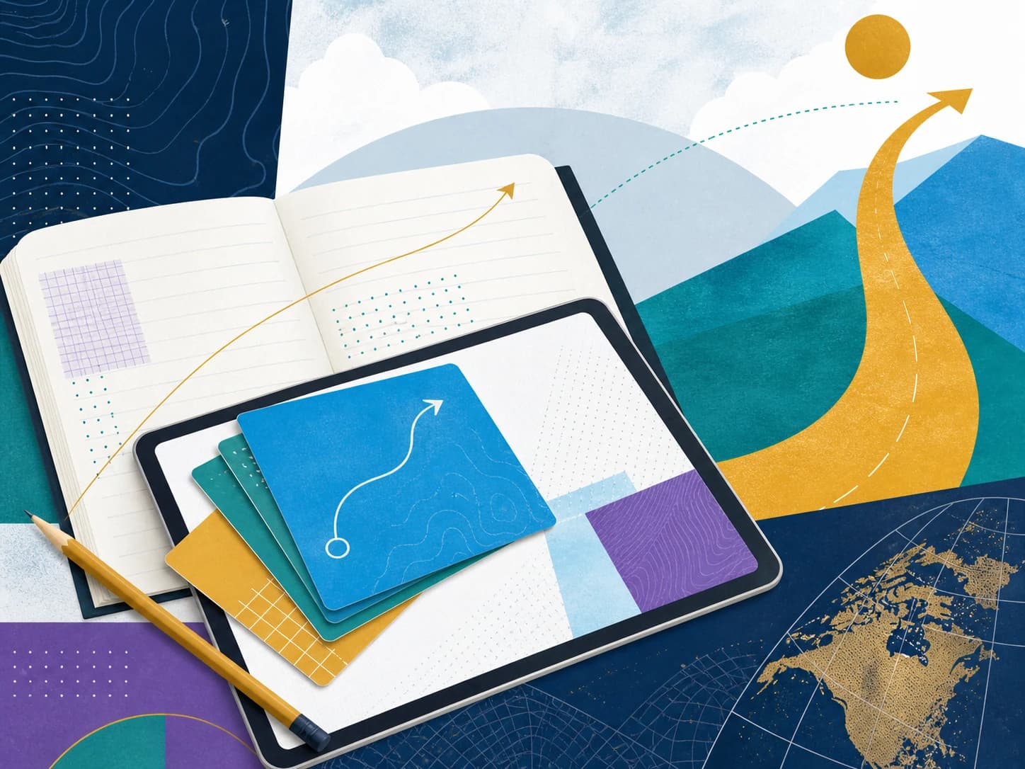 Illustration of a digital tablet, study notes, and a rising path toward a goal