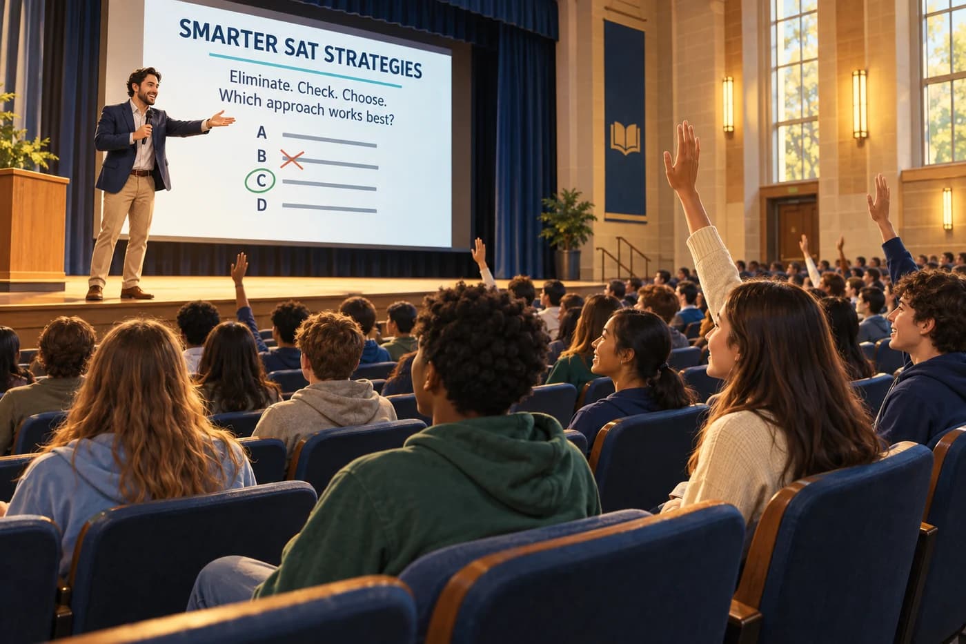Illustration of an engaged auditorium audience facing an SAT presenter and a strategy slide with A, B, C, and D choices