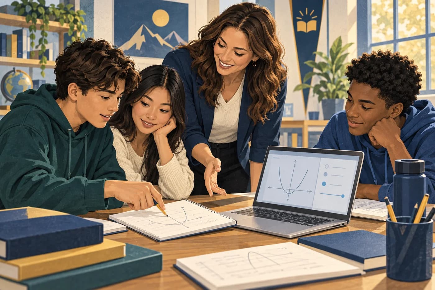 Illustration of an instructor helping students connect a pencil-and-paper solution to a digital math graph