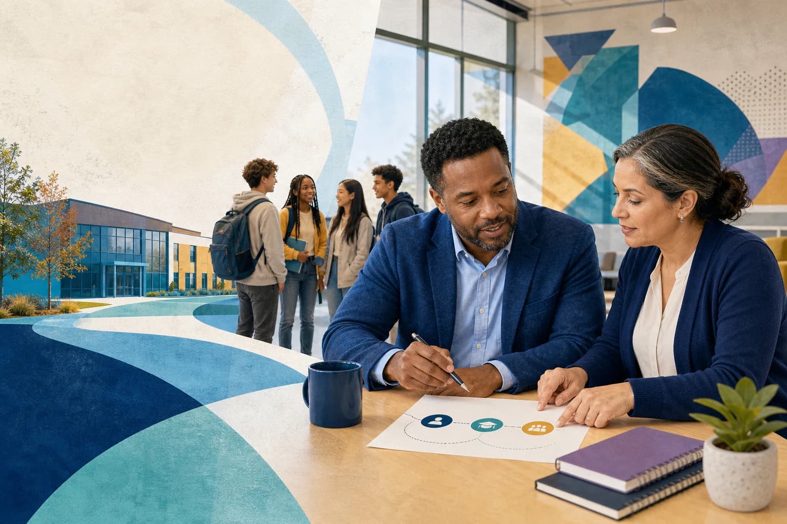 Editorial illustration of a community representative and school leader planning student access together.