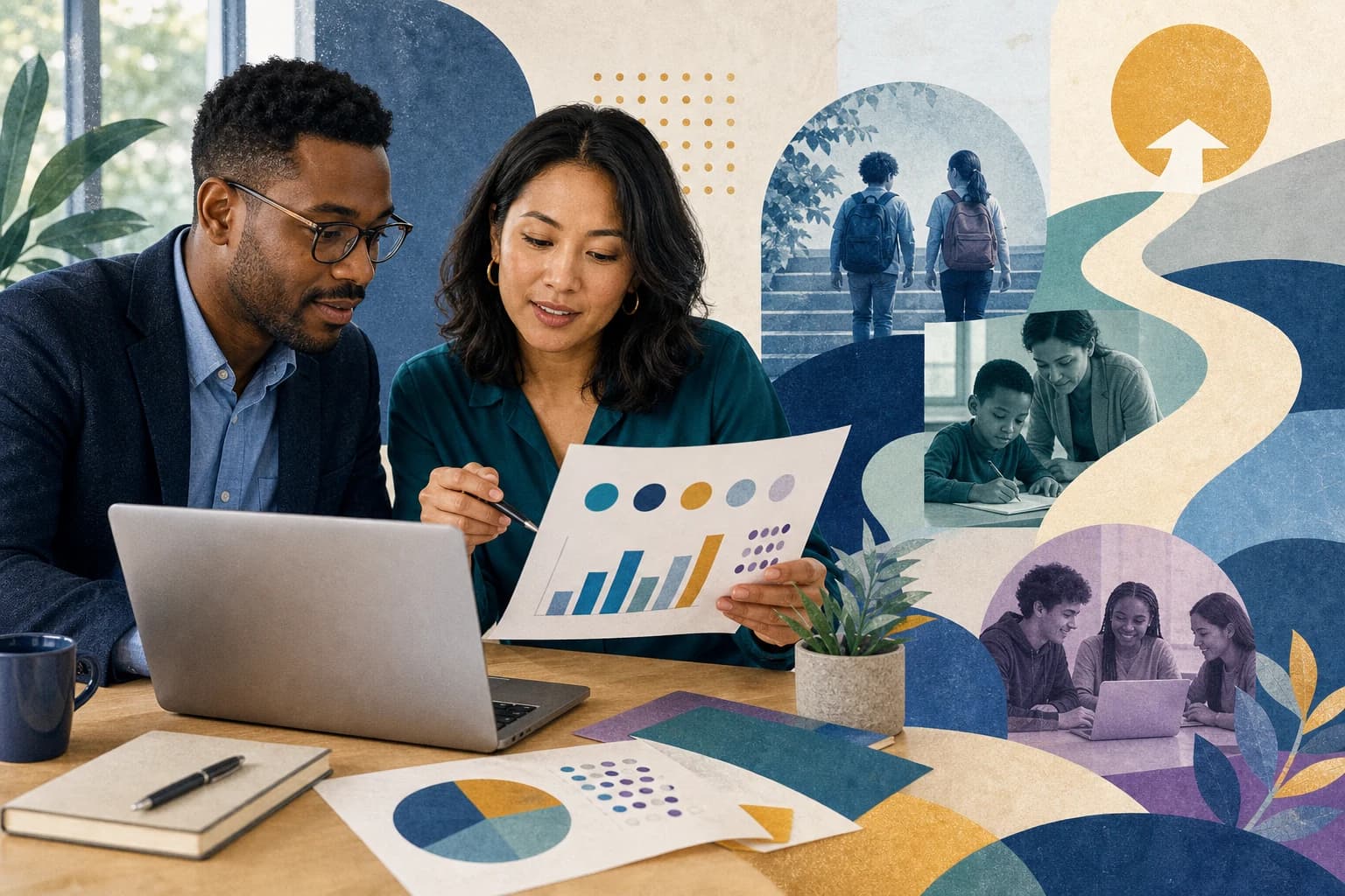 Editorial illustration of community partners reviewing an aggregate student-impact report and planning the next year.