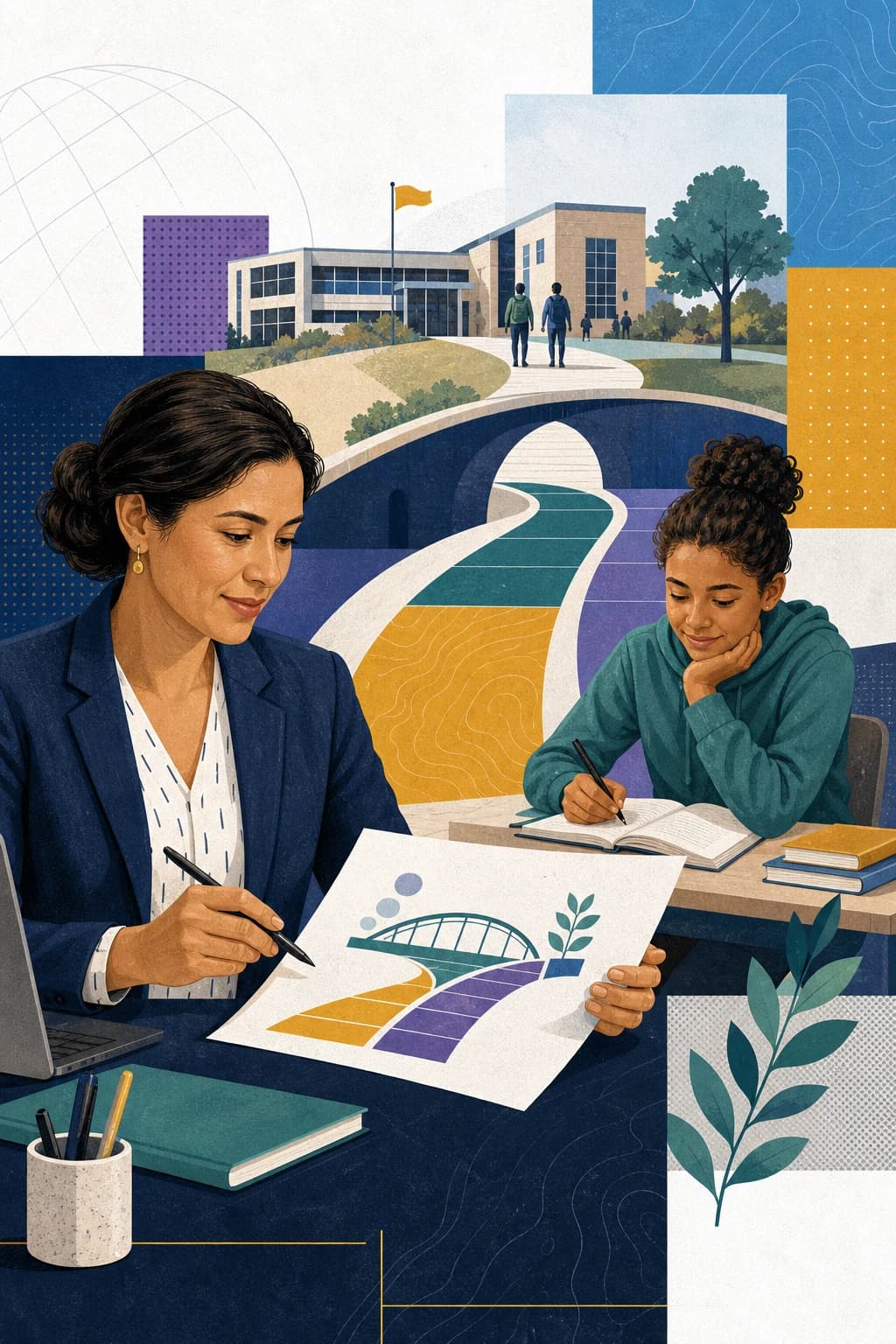 Editorial illustration of a community partner helping create a path toward student preparation and opportunity.