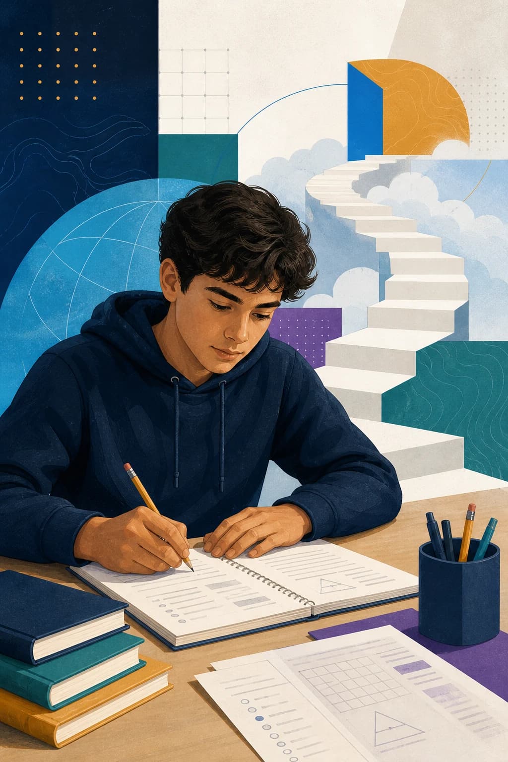 Editorial illustration of a student preparing at a desk beneath a rising path of progress.