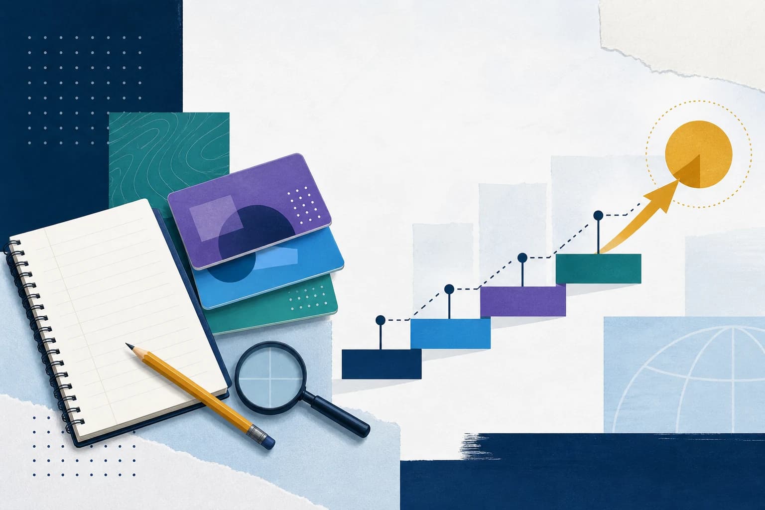 Editorial illustration of a notebook, practice cards, a magnifying glass, and a stepped path toward a gold goal.