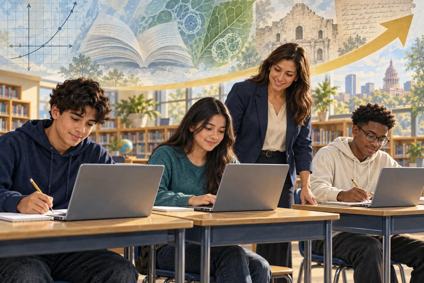 Illustration of students working with an instructor beneath subject imagery and an upward arrow