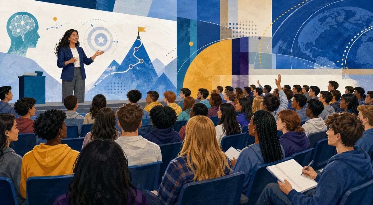 A presenter engaging students during a schoolwide test preparation experience