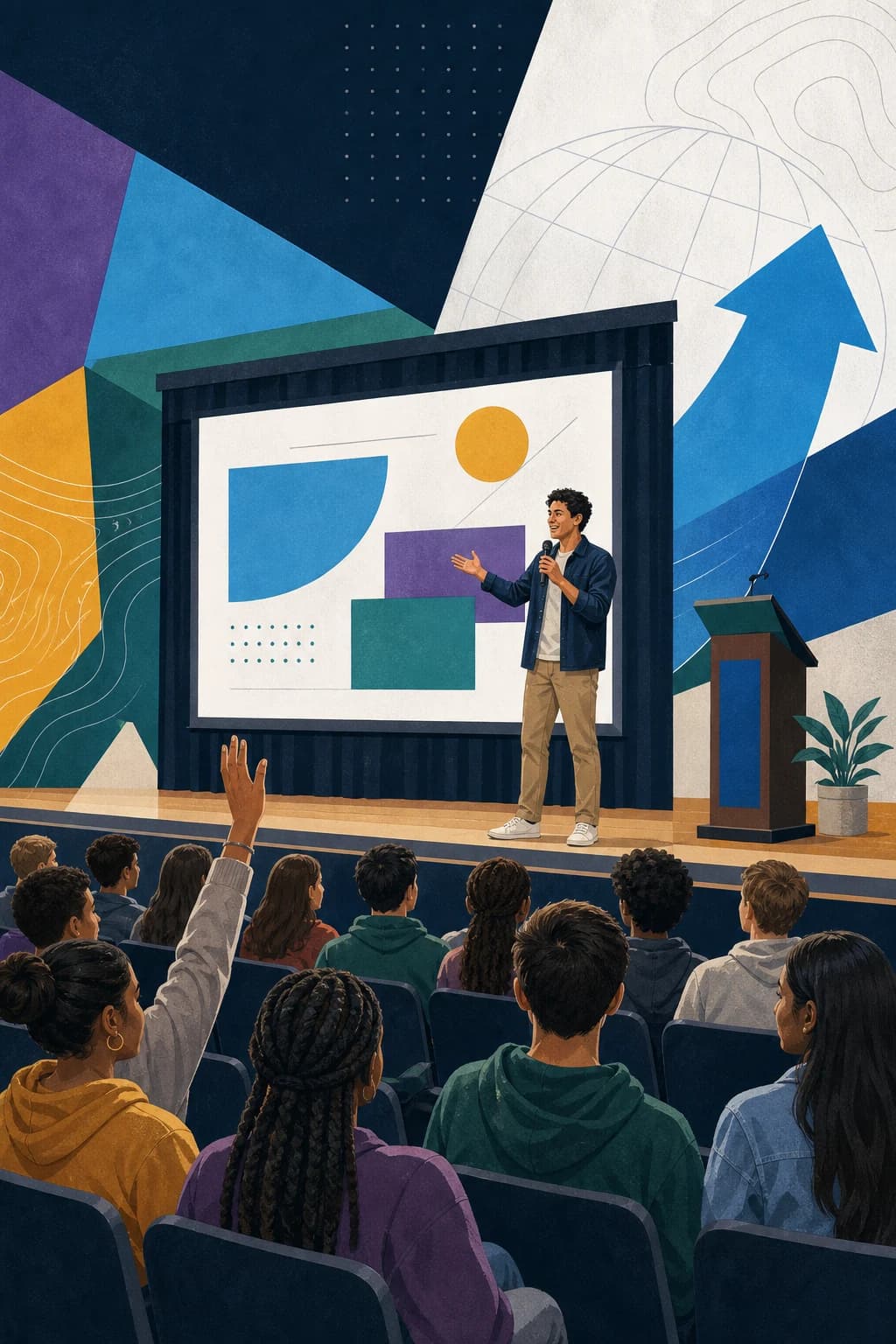 Conceptual editorial illustration of a presenter engaging a full school auditorium.